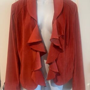 Cato Red Ruffled Open Front Suede Jacket